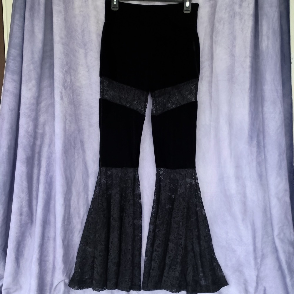 Killstar Solstice's Sister Bell Bottoms Black Velvet Lace Flare Pants